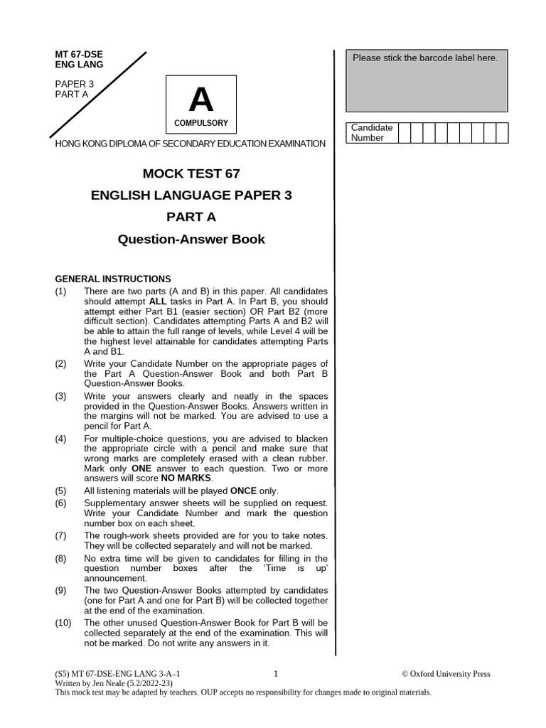 HK DSE English Mock Test Paper 3 | PDF | Oxford University Press | Singing