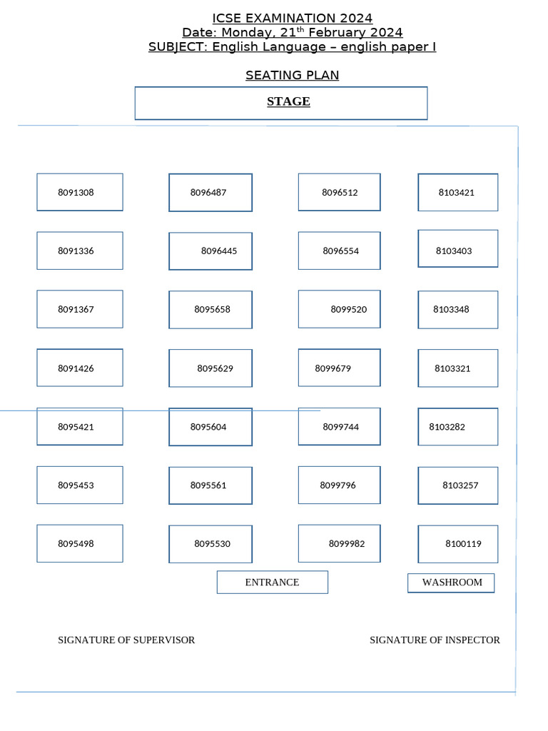 ICSE 2024 English Exam Seating Plan | PDF