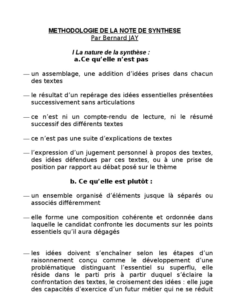 Methodologie de La Note de Synthese | Critique | Pédagogie | Essai ...