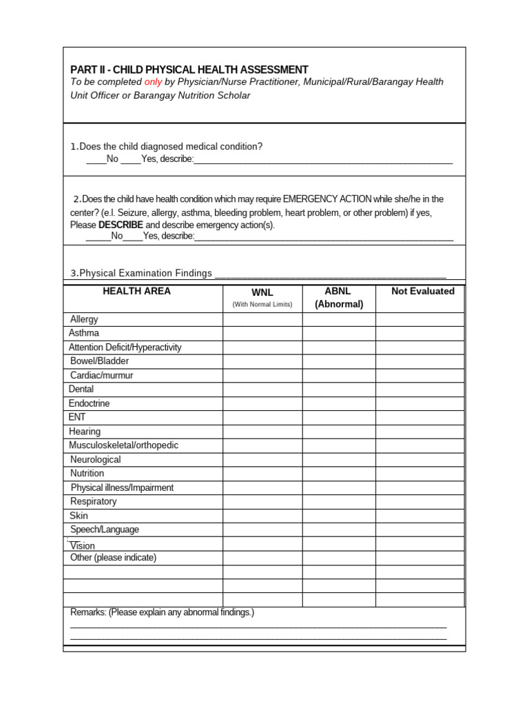 Child Health Assessment Form | PDF