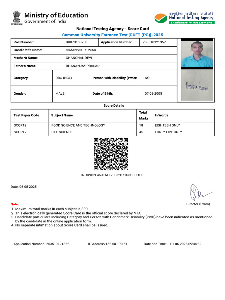 CUET PG 2025 Score Card for Himanshu | PDF