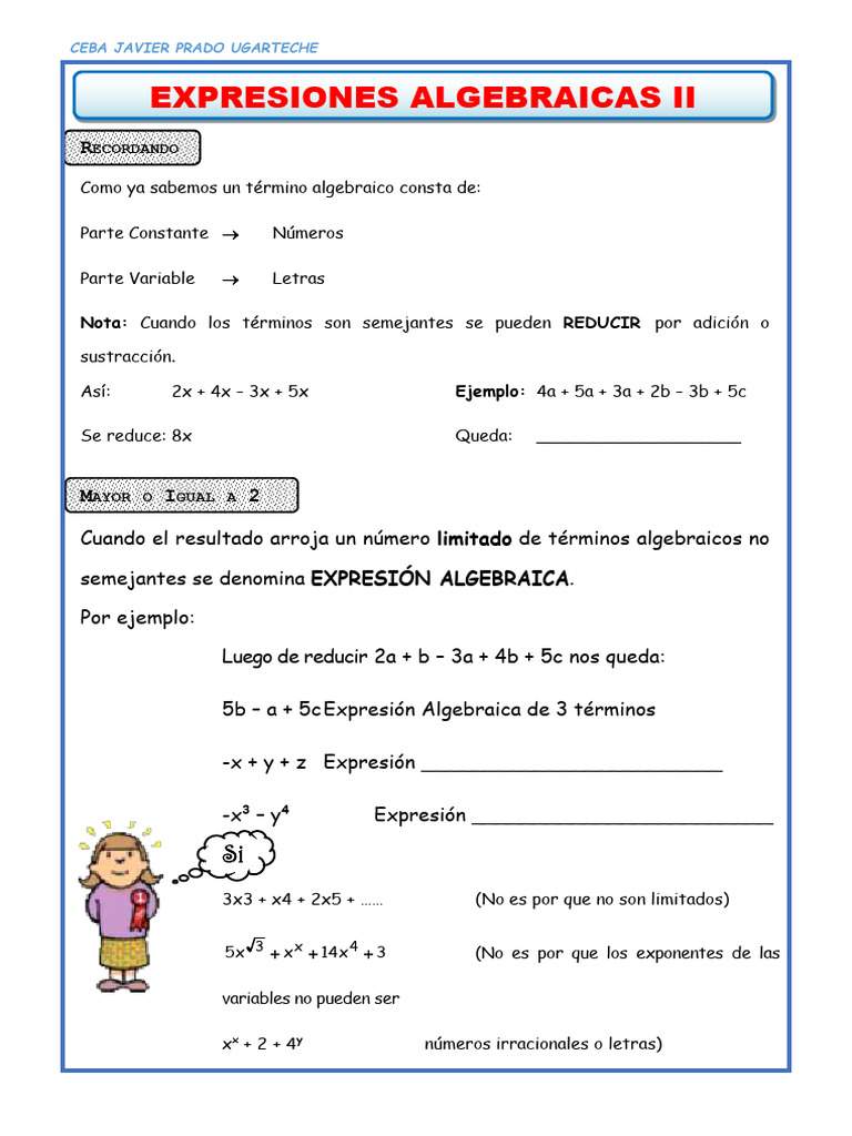 Ejercicios de Expresiones Algebraicas | PDF | Matemáticas | Matemática ...