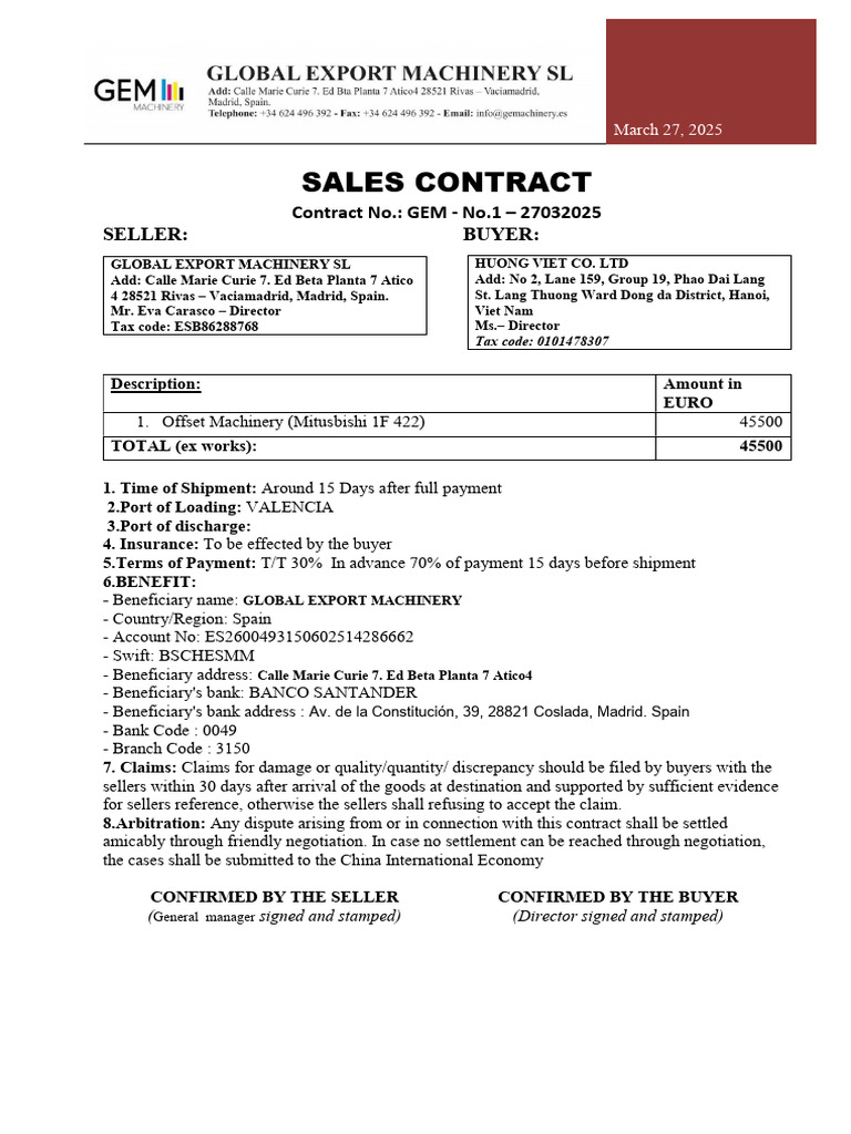 Sales Contract for Machinery Purchase | PDF
