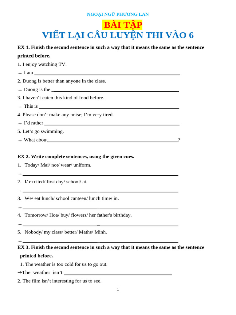 Bai Tap Tieng Anh Viet Lai Cau On Thi Vao 6 | PDF