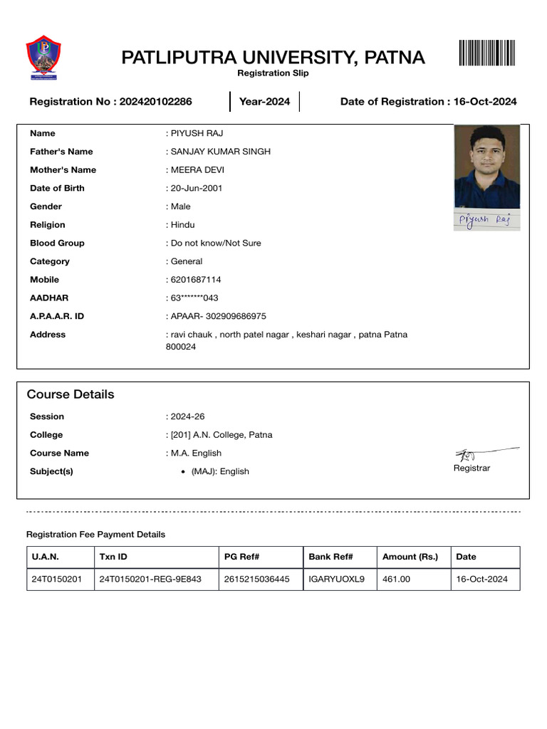 24T0150201 - 202420102286 - Registration Slip | PDF