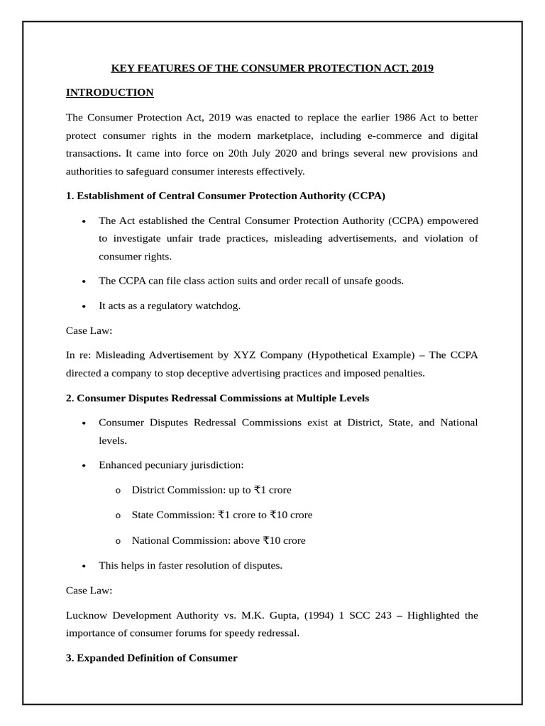 Key Features of Consumer Protection Act 2019 | PDF | Consumer ...