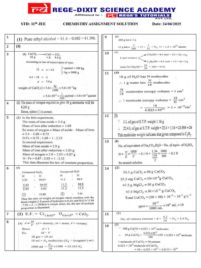 24-06-25 11th JEE Assignment Solution | PDF