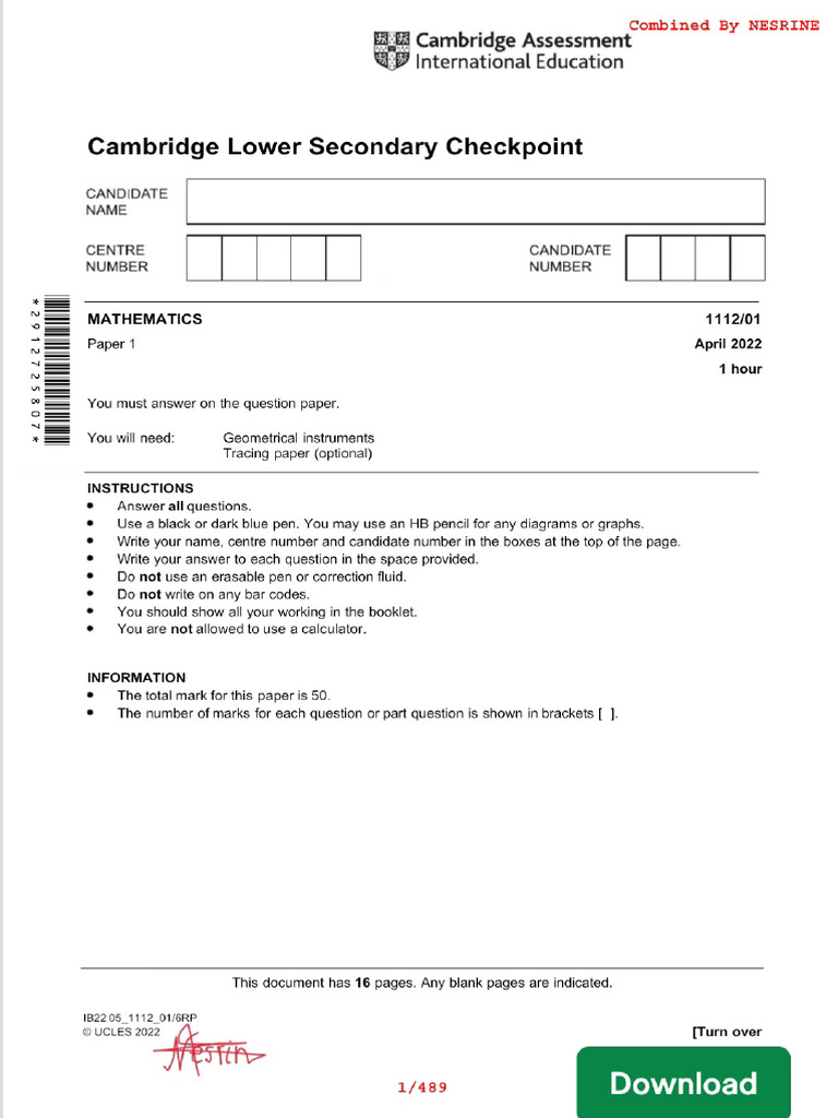 Cambridge Lower Secondary Math Paper | PDF | Measurement | Mathematics