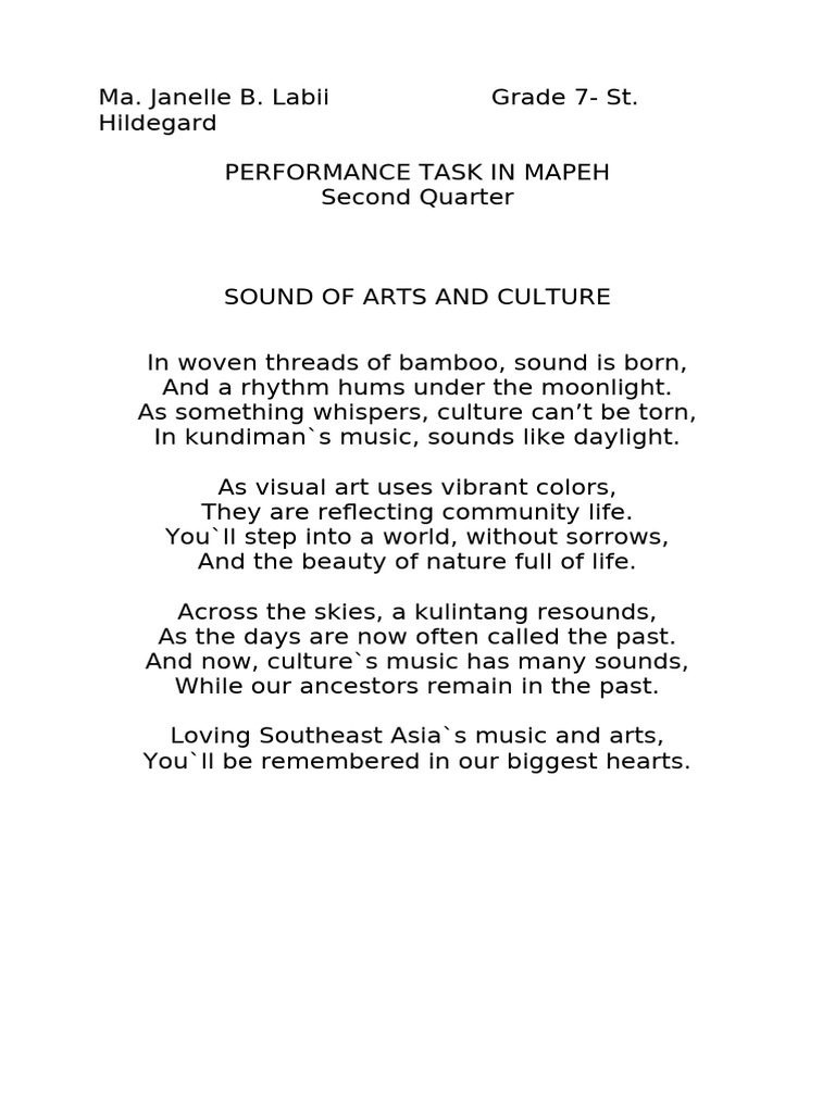 MAPEH Performance Task: Arts & Culture | PDF