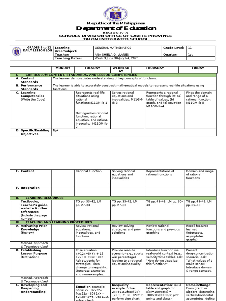 Grade 11 General Mathematics Lesson Plan | PDF | Asymptote | Function ...