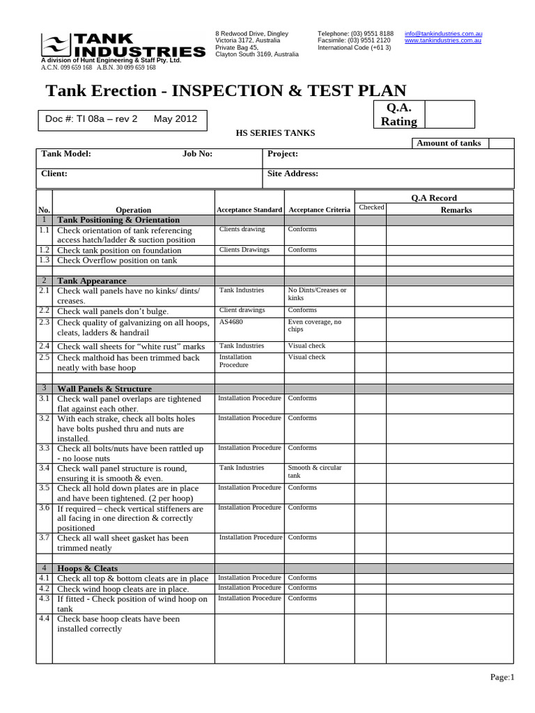 TI 08a Q.A Inspection Checklist HS - Series-R1 | PDF