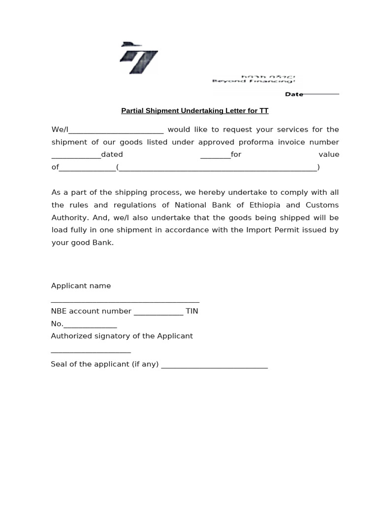 Partial Shipment Undertaking Letter | PDF