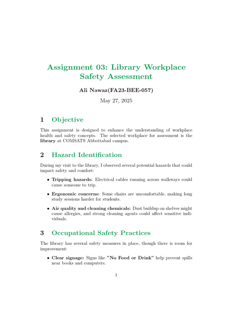 Library Safety Assessment Report | PDF | Hazards | Occupational Safety ...