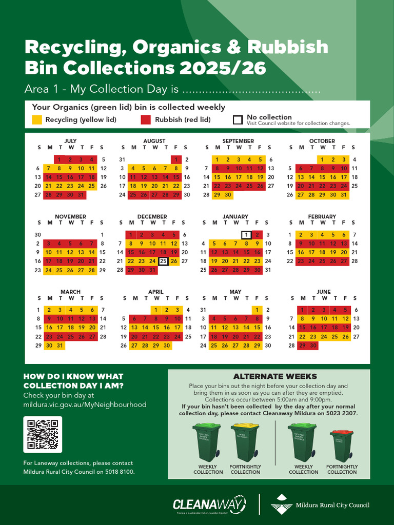 Area 1 Bin Collection Calendar 2025 2026 PDF Pollution Water