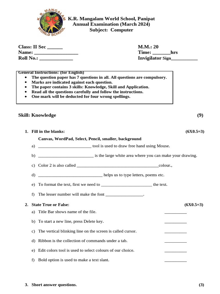 Class 2 Computer Exam Paper 2024 | PDF | Text | Typography
