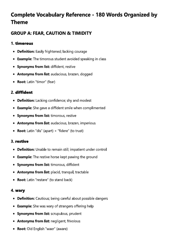 Complete Vocabulary Reference - 180 Words Organized by Theme | PDF