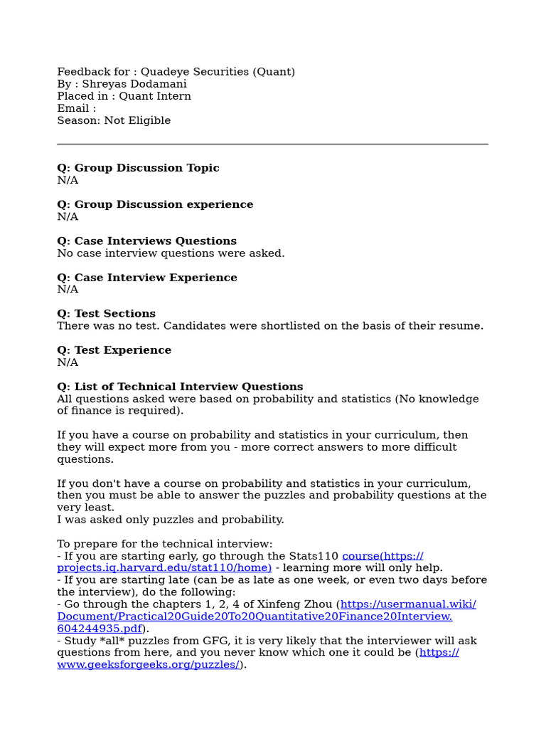 Quadeye Securities Interview Insights | PDF | Statistics