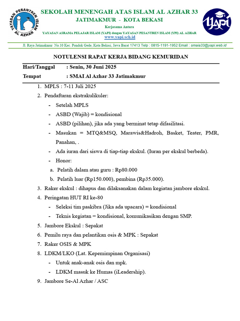 Rapat Kerja Kemuridan SMAI Al Azhar 33 | PDF