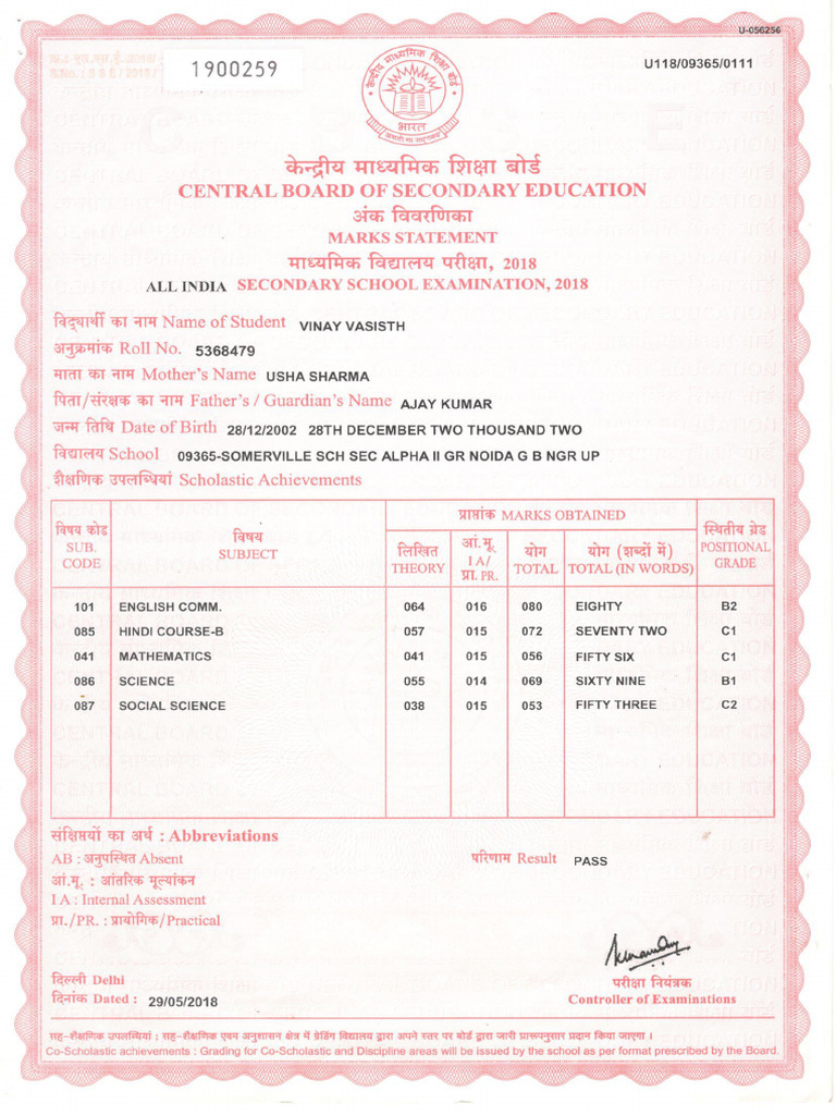 10th Mark Sheet | PDF
