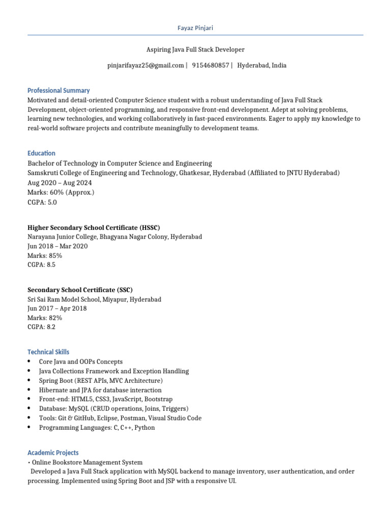 Aspiring Java Full Stack Developer Resume | PDF | Java (Programming ...