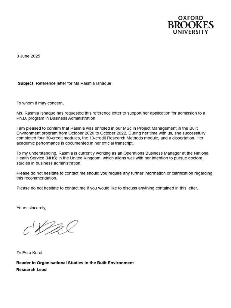 Oxford Reference Letter for Ph.D. Admission | PDF