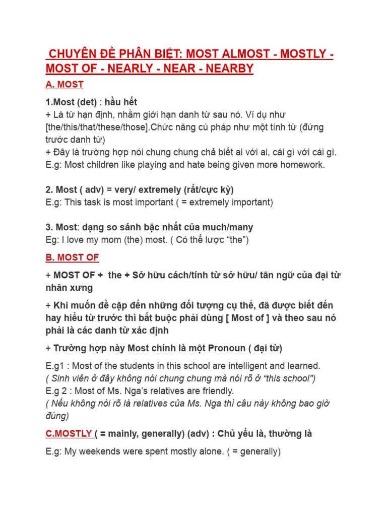 Chuyên Đề Phân Biệt - Most Almost - Mostly - Most of - Nearly - Near ...
