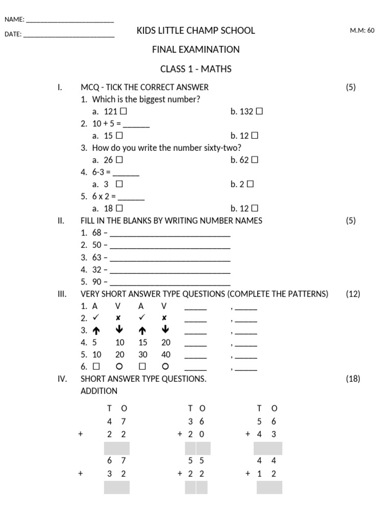 Class 1 Maths Final Exam Paper | PDF | Chess Openings | Chess Theory