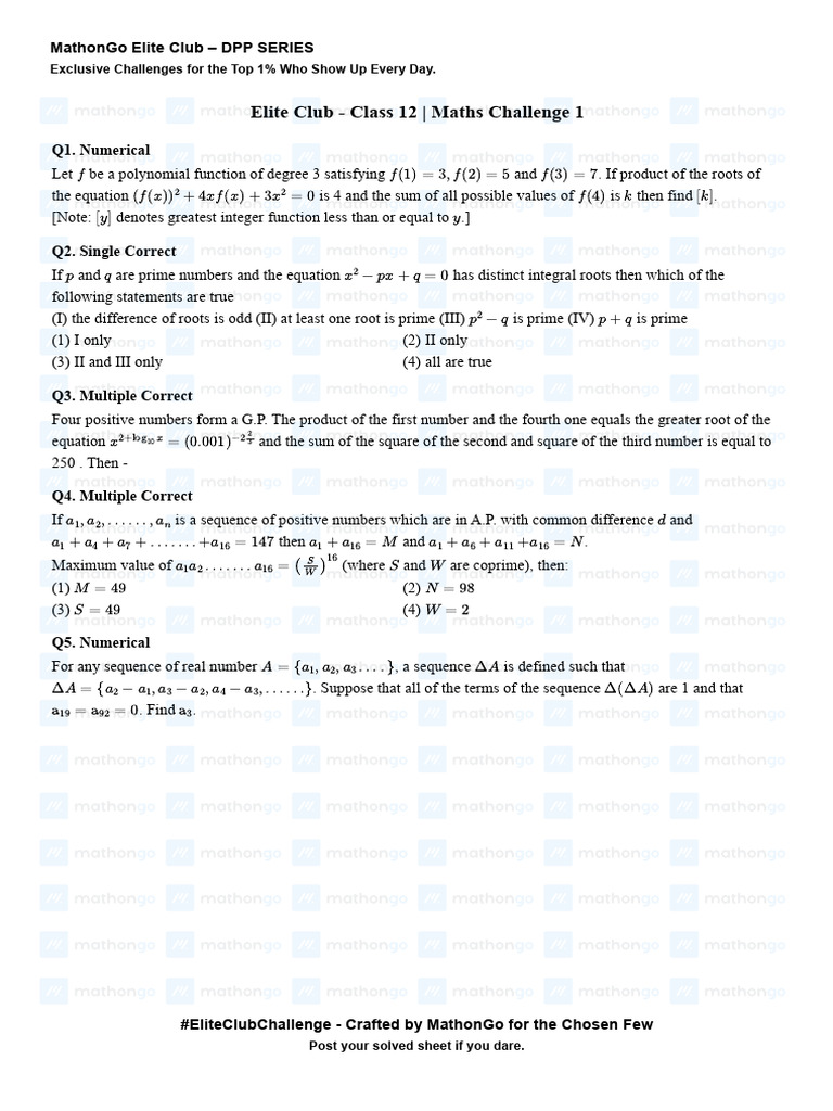 MathonGo Elite Club: Class 12 Challenges | PDF | Prime Number | Numbers