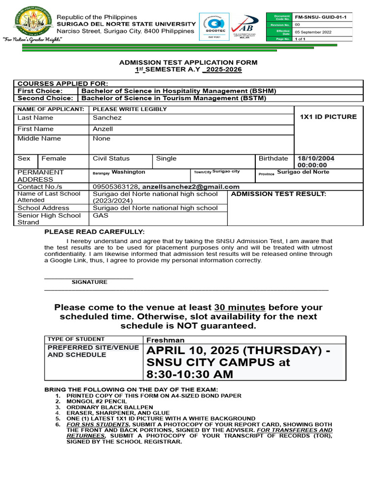 Admission Test Application Form 2025-2026 | PDF