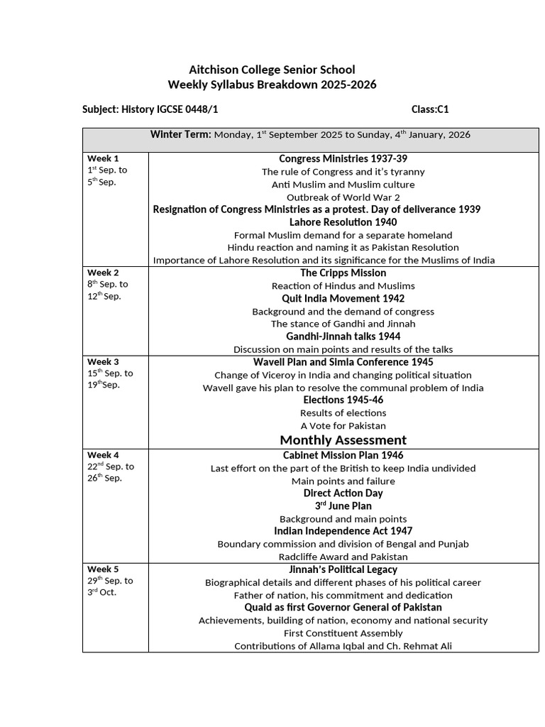 C1 History Weekly Syllabus Breakdown 2025-26 | PDF | Pakistan ...