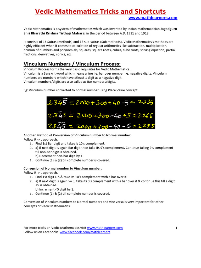Vedic Maths Techniques for Class 1 | PDF