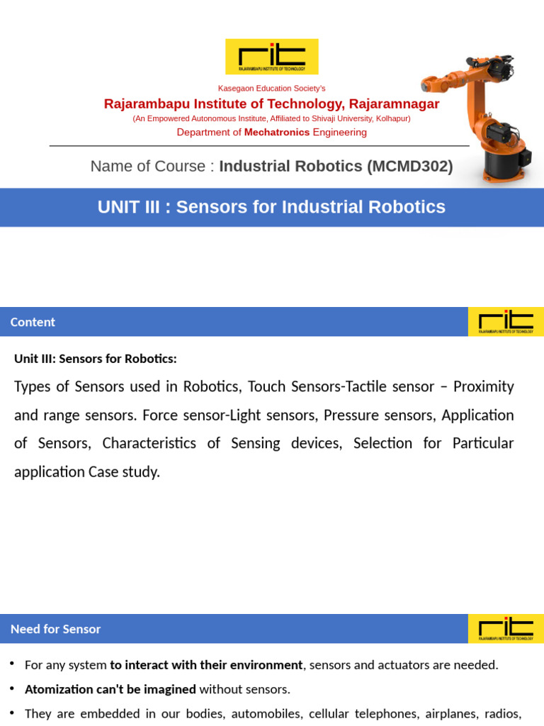 Unit III - Sensors in Industrial Robotics | PDF | Sensor | Infrared