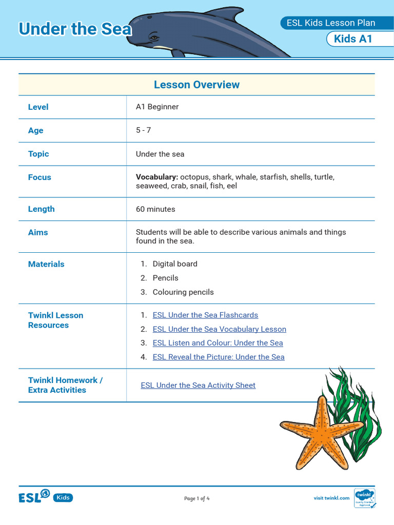 A1 ESL Lesson Plan: Under the Sea | PDF
