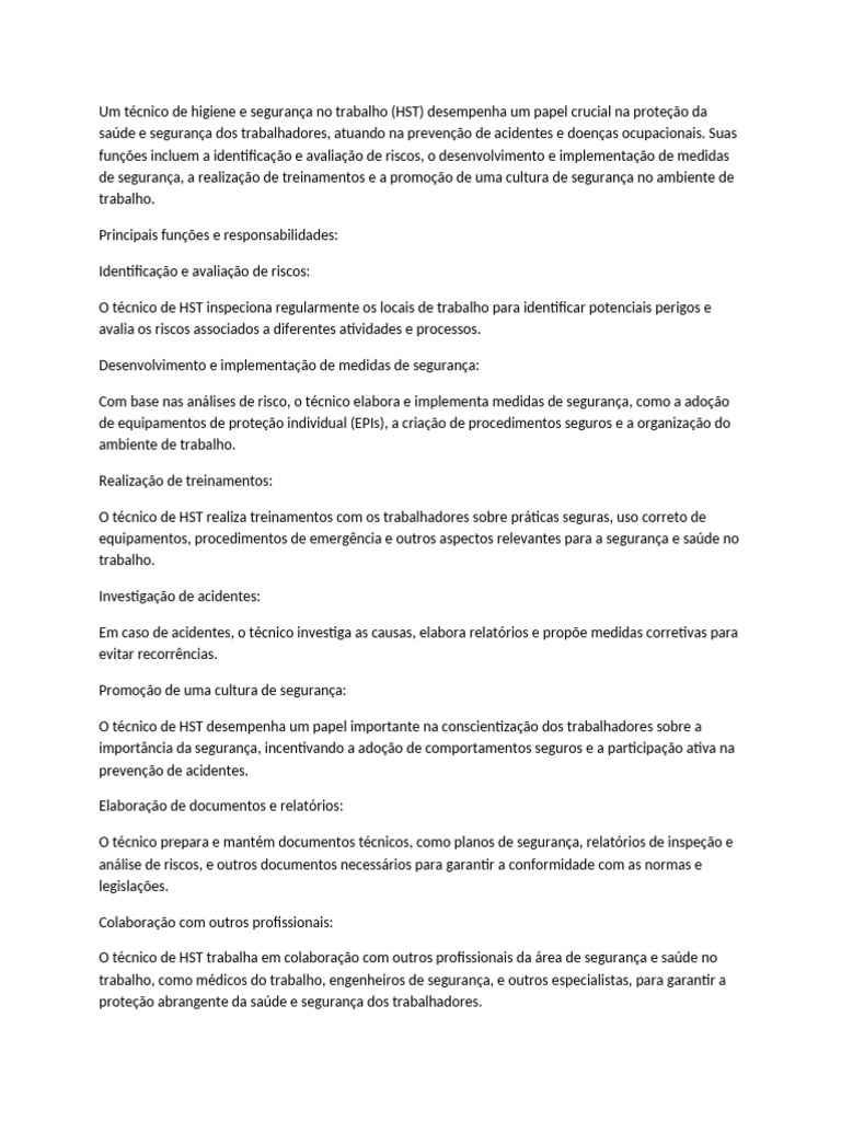 Funções do Técnico de HST no Trabalho | PDF