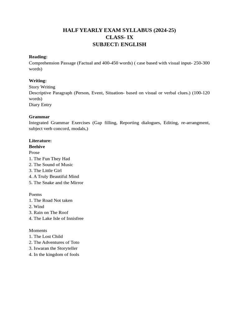 Half Yearly Exam Syllabus | PDF