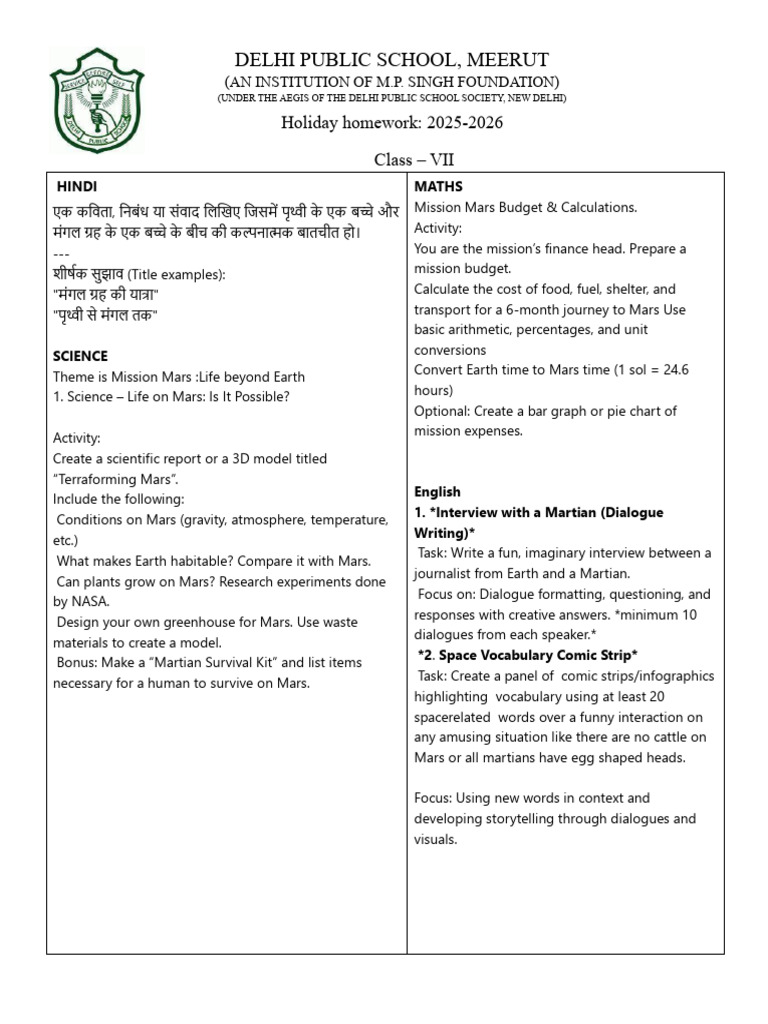 Summer Holiday Homework Updated-1 | PDF | Mars | Curiosity (Rover)