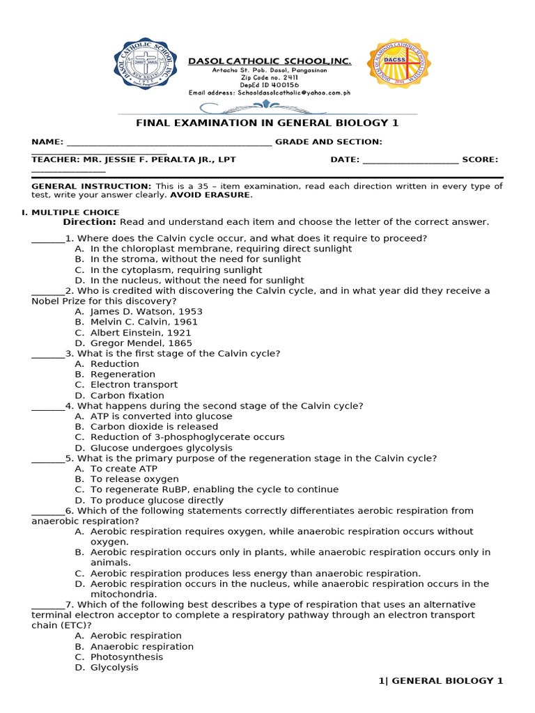 General Biology 1 Final Exam Guide | PDF | Cellular Respiration ...