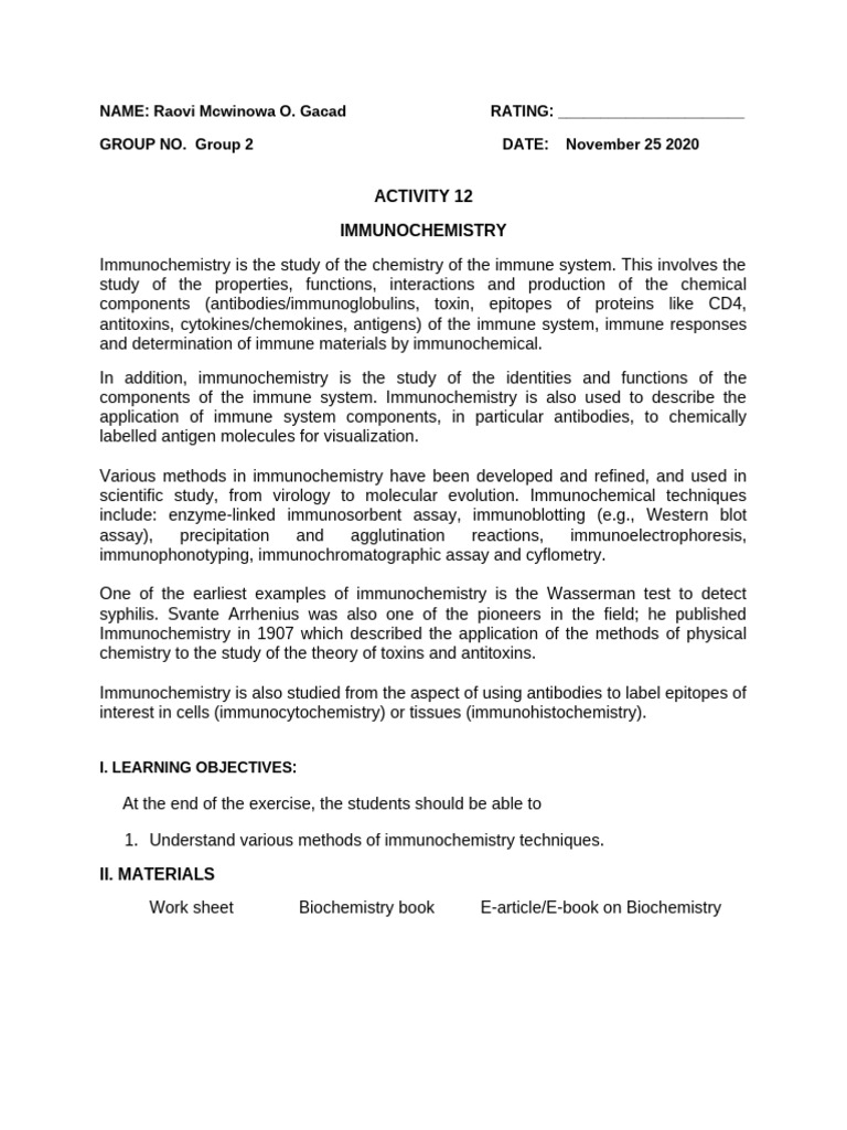 2020 Biochem Activity 12 IMMUNOCHEMISTRY - BSN 1 SCHOENHOFER - Raovi ...