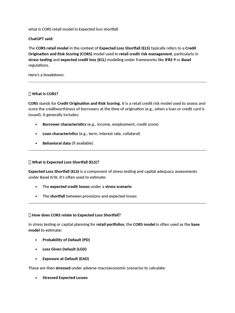 CORS Retail Model in ELSF As Per Regulatory Guidelines For Bank | PDF