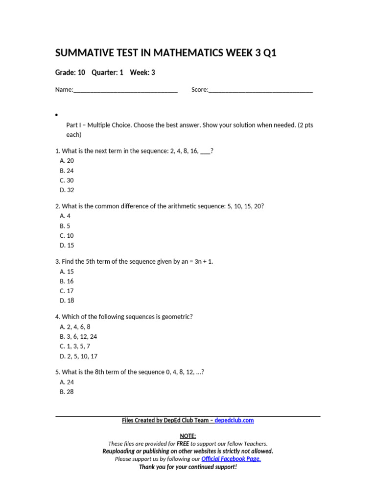 Grade 10 Math Summative Test Q1 W3 | PDF | Arithmetic | Sequence
