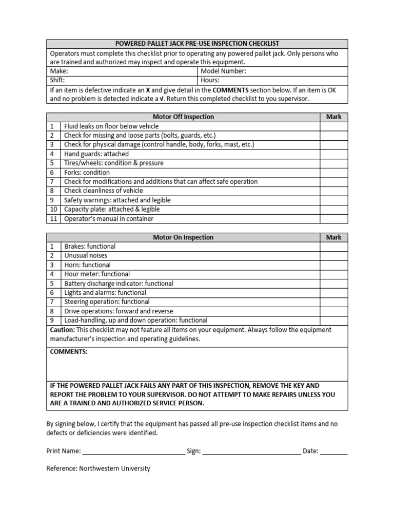 Powered Pallet Jack Inspection Checklist | PDF