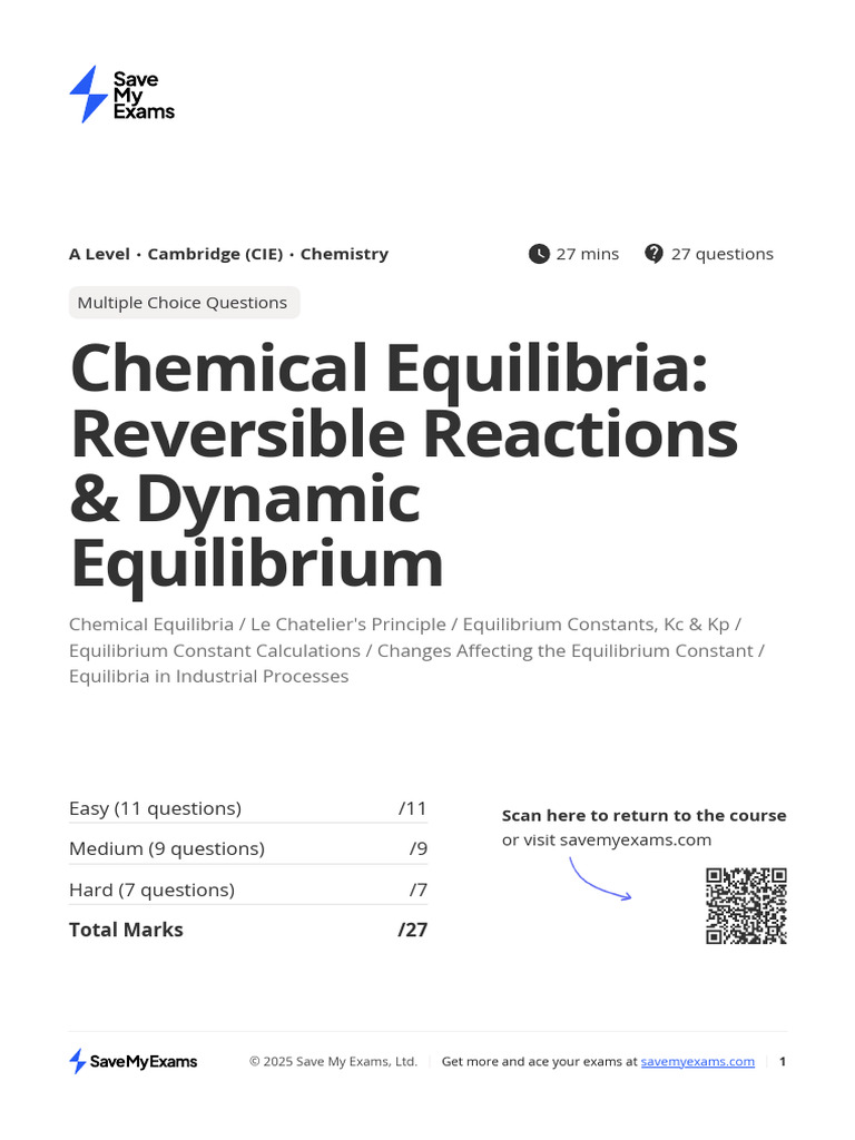 Chemical Equilibria MCQs for A Level | PDF | Chemical Equilibrium ...