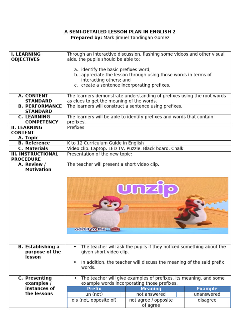 Prefixes in English: Lesson Plan | PDF | Teachers | Curriculum