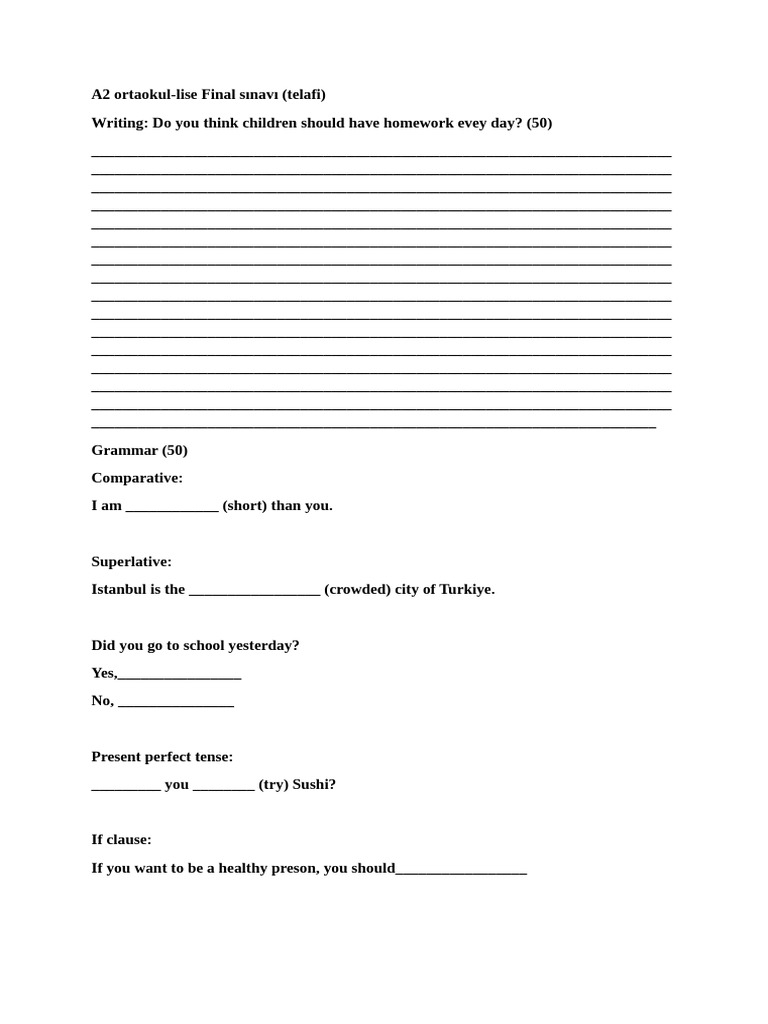 A2 Final Exam: Homework & Grammar | PDF