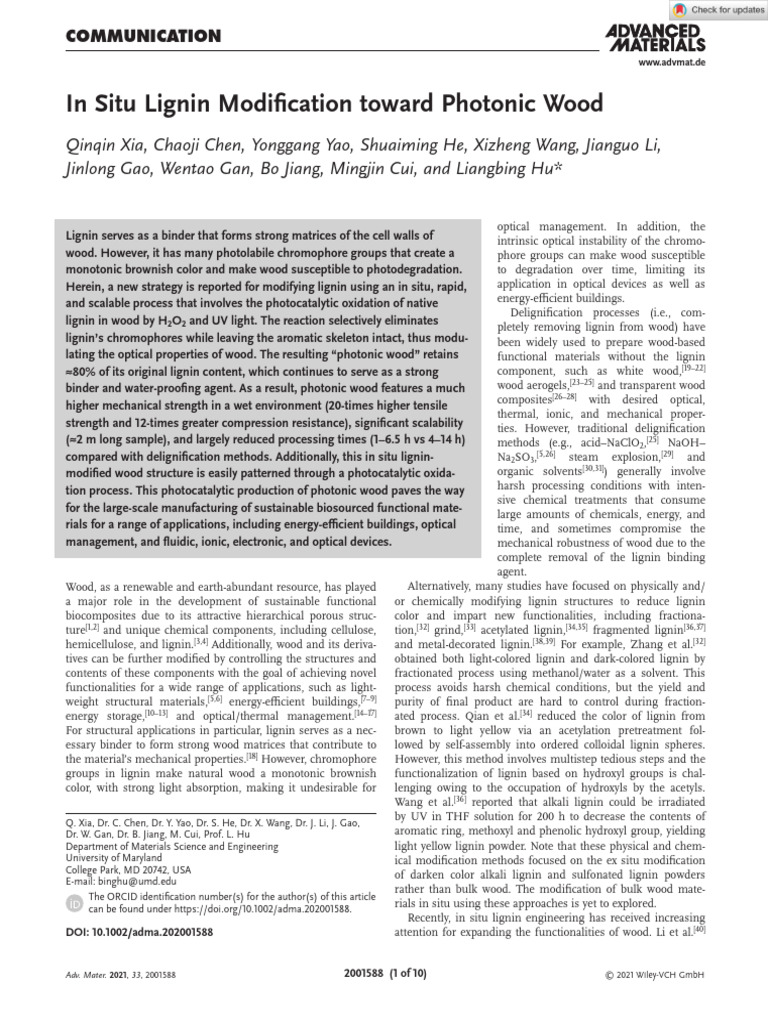 In Situ Lignin Modification for Photonic Wood | PDF | Wood | Lignin