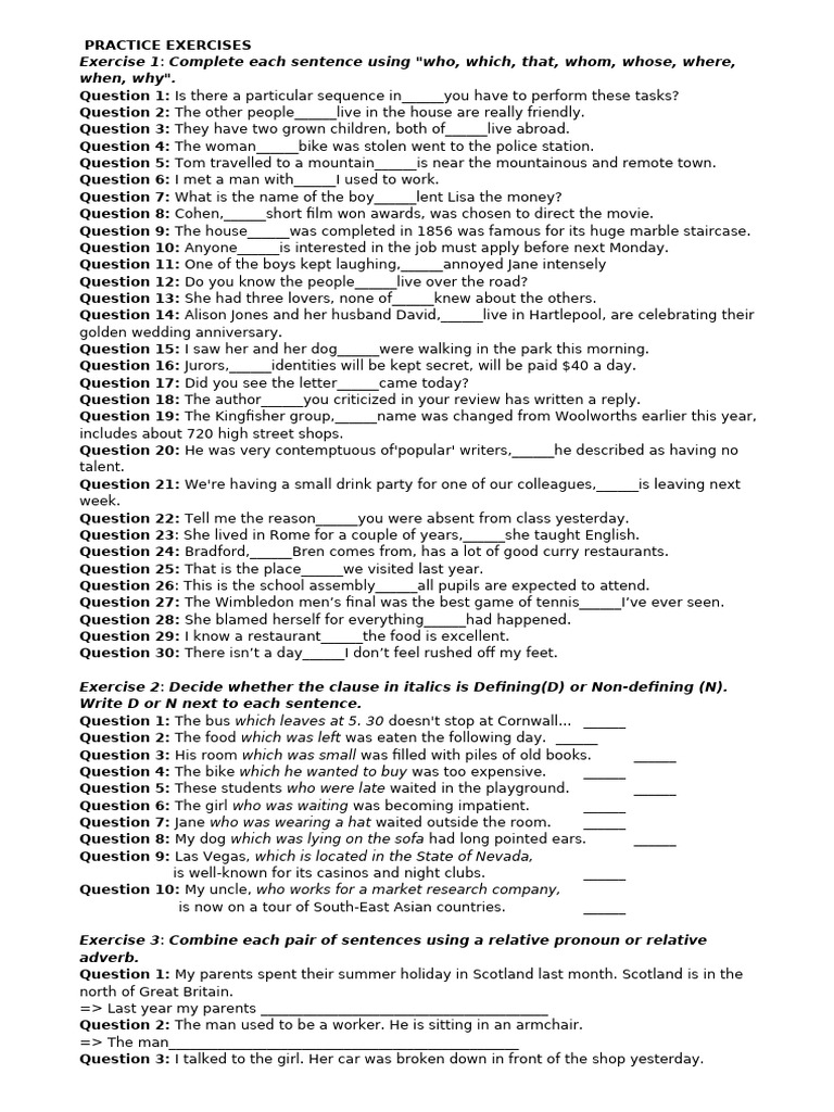Relative Pronouns and Clauses Exercises | PDF | Question