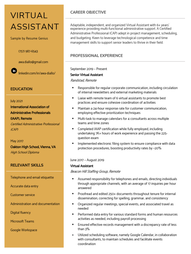 Virtual Assistant Resume Example | PDF | Business | Computing