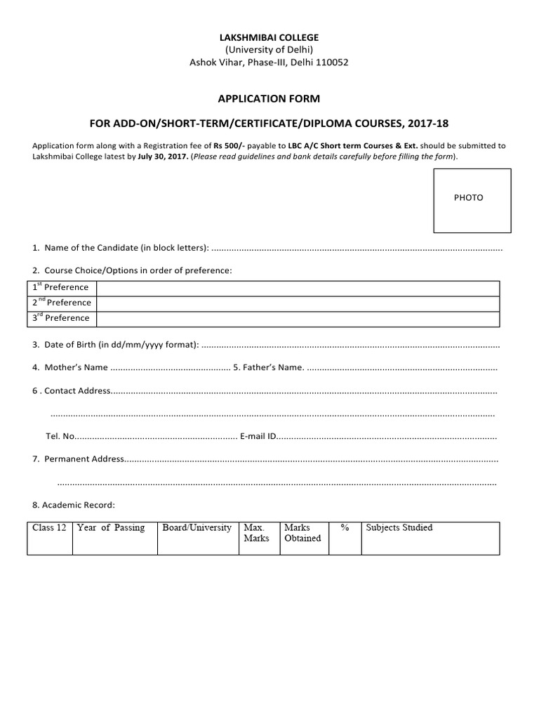 Lakshmibai College Course Application 2017 | PDF