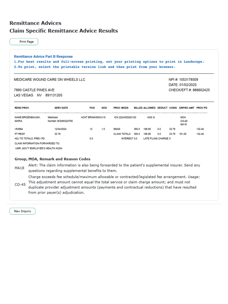 Medicare Claim Remittance Advice Summary | PDF