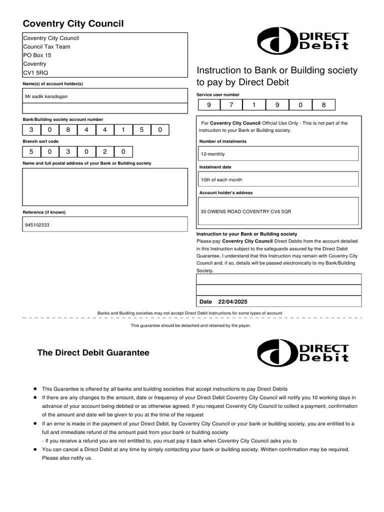 Direct Debit Setup for Coventry Council Tax | PDF | Debit Card | Money